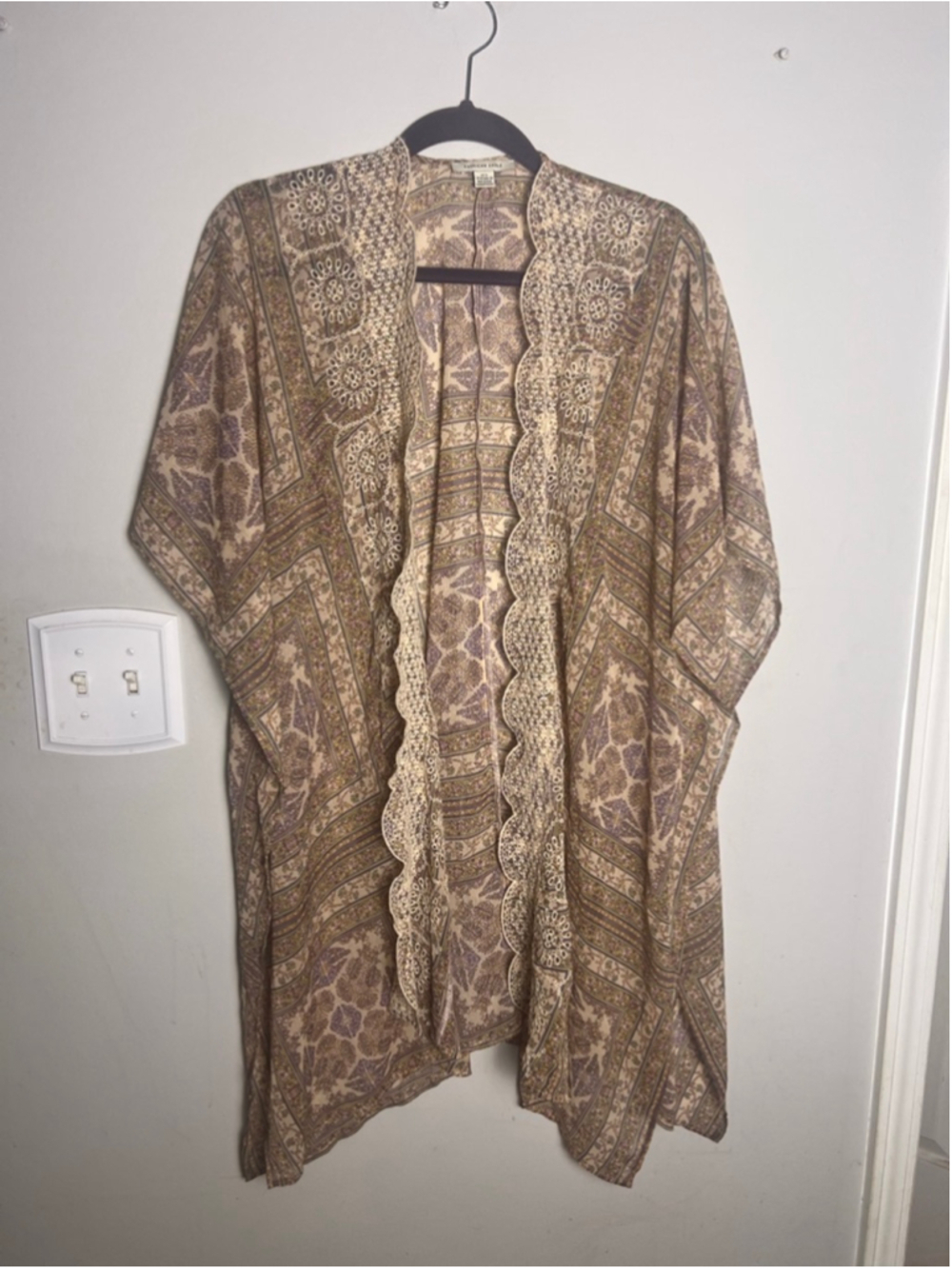 American Eagle Kimono Cardigan Womens XS S Boho Open Front Paisley Lace Trim
